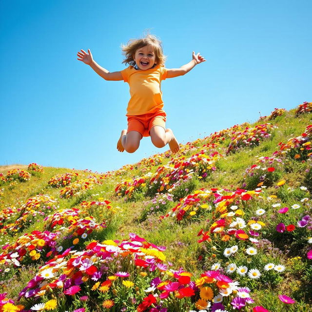 A joyful child leaping joyfully into the air on a hillside covered with colorful flowers