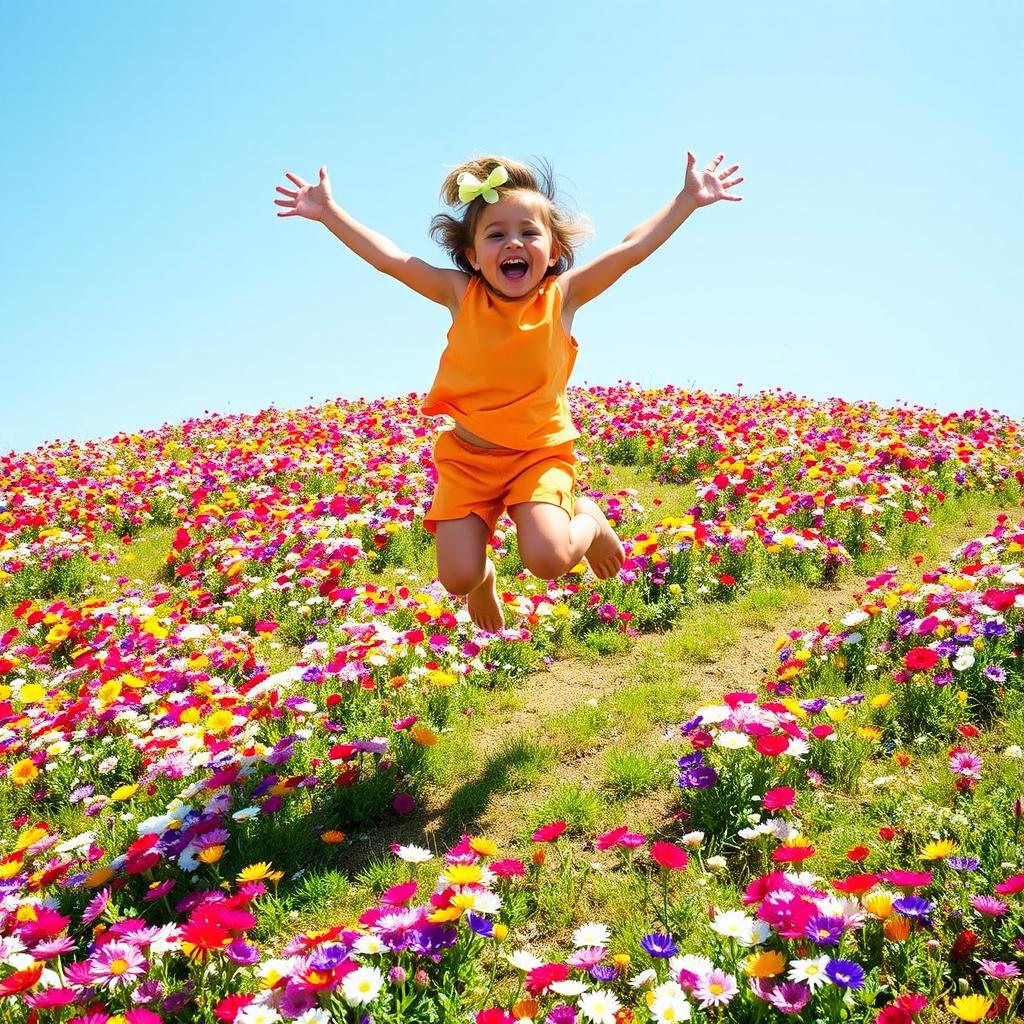 A joyful child leaping joyfully into the air on a hillside covered with colorful flowers