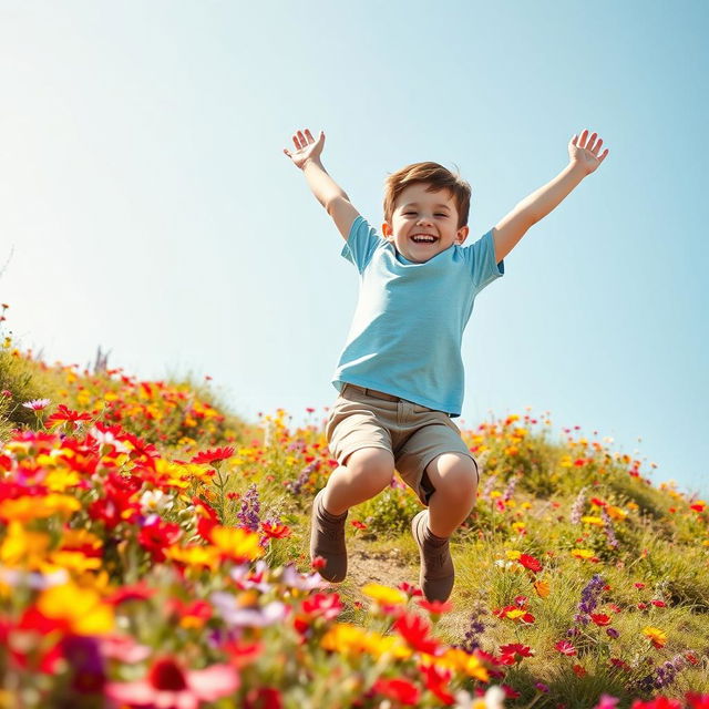 A joyful boy jumping happily on a hill covered with colorful flowers, with a bright blue sky in the background