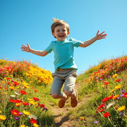 A joyful boy jumping happily on a hill covered with colorful flowers, with a bright blue sky in the background
