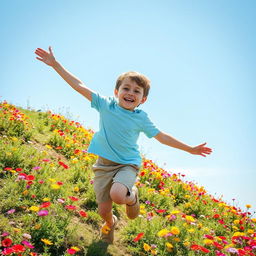 A joyful boy jumping happily on a hill covered with colorful flowers, with a bright blue sky in the background