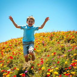 A joyful boy jumping happily on a hill covered with colorful flowers, with a bright blue sky in the background