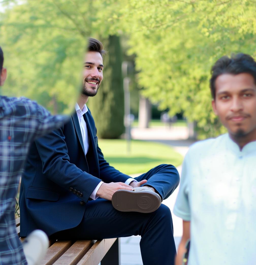 A stylish man sitting confidently on a park bench