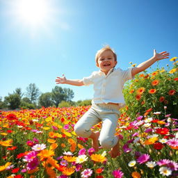 A joyful young boy jumping high in a field of colorful flowers, surrounded by vibrant blossoms of various types, showing excitement and happiness