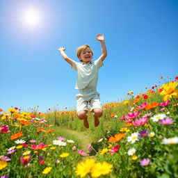 A joyful young boy jumping high in a field of colorful flowers, surrounded by vibrant blossoms of various types, showing excitement and happiness