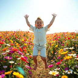 A joyful young boy jumping high in a field of colorful flowers, surrounded by vibrant blossoms of various types, showing excitement and happiness