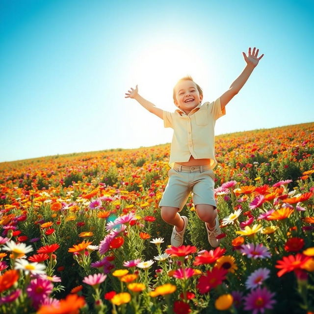 A joyful young boy jumping high in a field of colorful flowers, surrounded by vibrant blossoms of various types, showing excitement and happiness