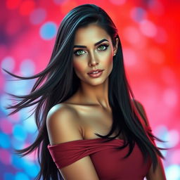 A stunning portrait of a confident and attractive woman with flowing long black hair, her deep green eyes sparkling with charisma