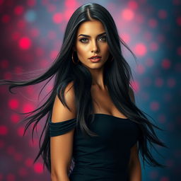 A stunning portrait of a confident and attractive woman with flowing long black hair, her deep green eyes sparkling with charisma