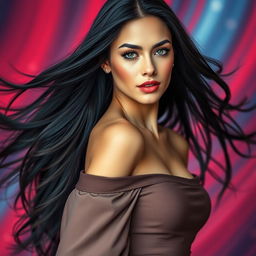 A stunning portrait of a confident and attractive woman with flowing long black hair, her deep green eyes sparkling with charisma