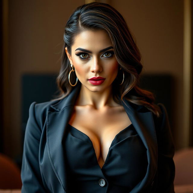 A gorgeous 30-year-old lawyer, confidently facing the camera with a sultry and provocative expression