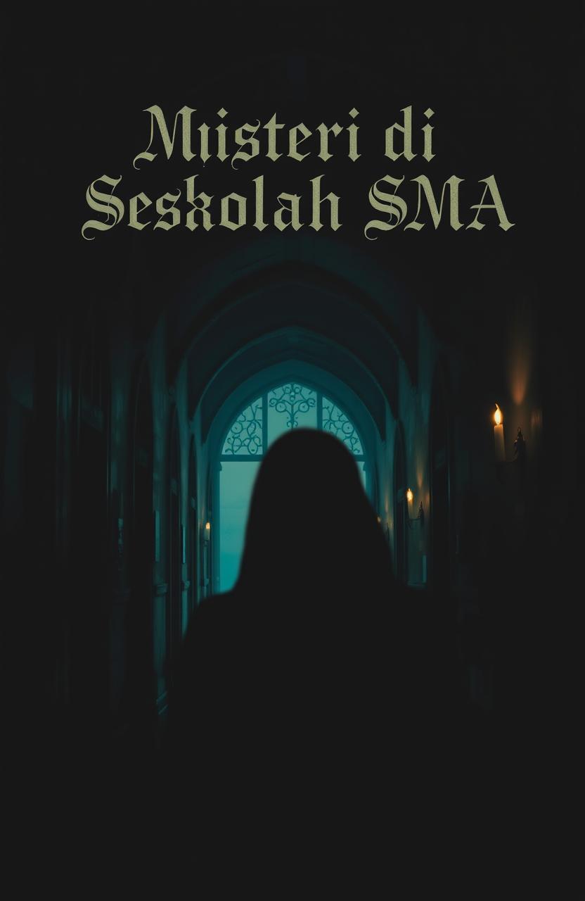 A mysterious high school scene titled 'Misteri di Sekolah SMA', featuring a dark and atmospheric environment