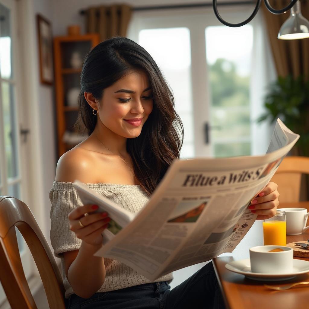 A woman sitting at a breakfast table, enjoying a sunny morning