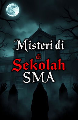 A creative artwork titled "Misteri di Sekolah SMA", featuring a dark and mysterious school setting with gothic elements
