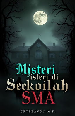 A creative artwork titled "Misteri di Sekolah SMA", featuring a dark and mysterious school setting with gothic elements
