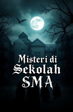 A creative artwork titled "Misteri di Sekolah SMA", featuring a dark and mysterious school setting with gothic elements