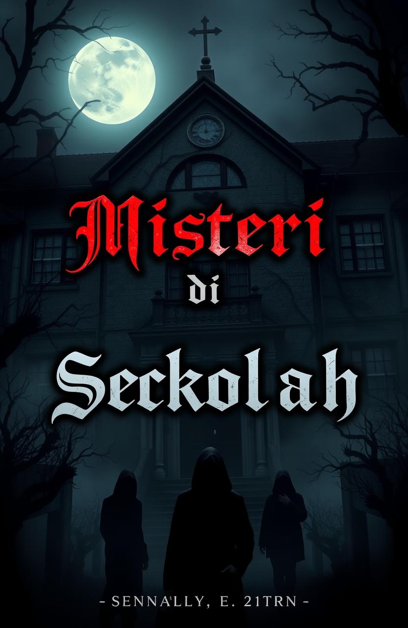 A creative artwork titled "Misteri di Sekolah SMA", featuring a dark and mysterious school setting with gothic elements