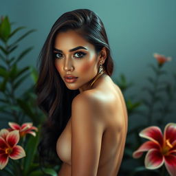A portrait of a confident and alluring woman, posed tastefully in a serene environment, adorned only with elegant body jewelry