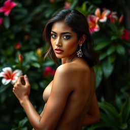 A portrait of a confident and alluring woman, posed tastefully in a serene environment, adorned only with elegant body jewelry