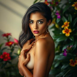 A portrait of a confident and alluring woman, posed tastefully in a serene environment, adorned only with elegant body jewelry