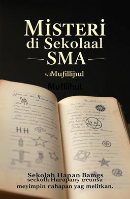 An open diary with faint handwriting and strange symbols sketched within
