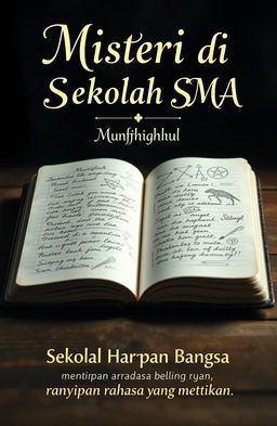 An open diary with faint handwriting and strange symbols sketched within