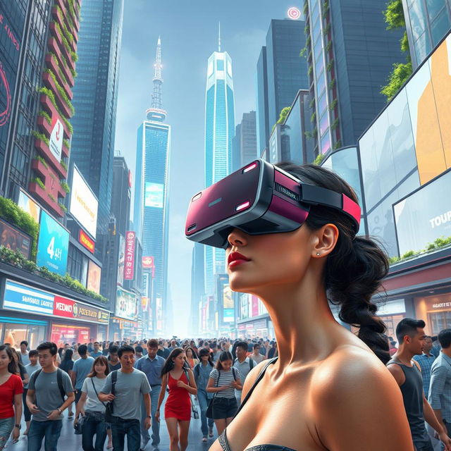 A vibrant futuristic cityscape, bustling with diverse people walking around under glowing neon lights