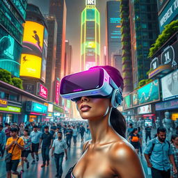 A vibrant futuristic cityscape, bustling with diverse people walking around under glowing neon lights