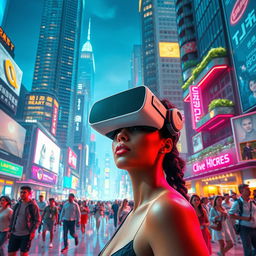 A vibrant futuristic cityscape, bustling with diverse people walking around under glowing neon lights