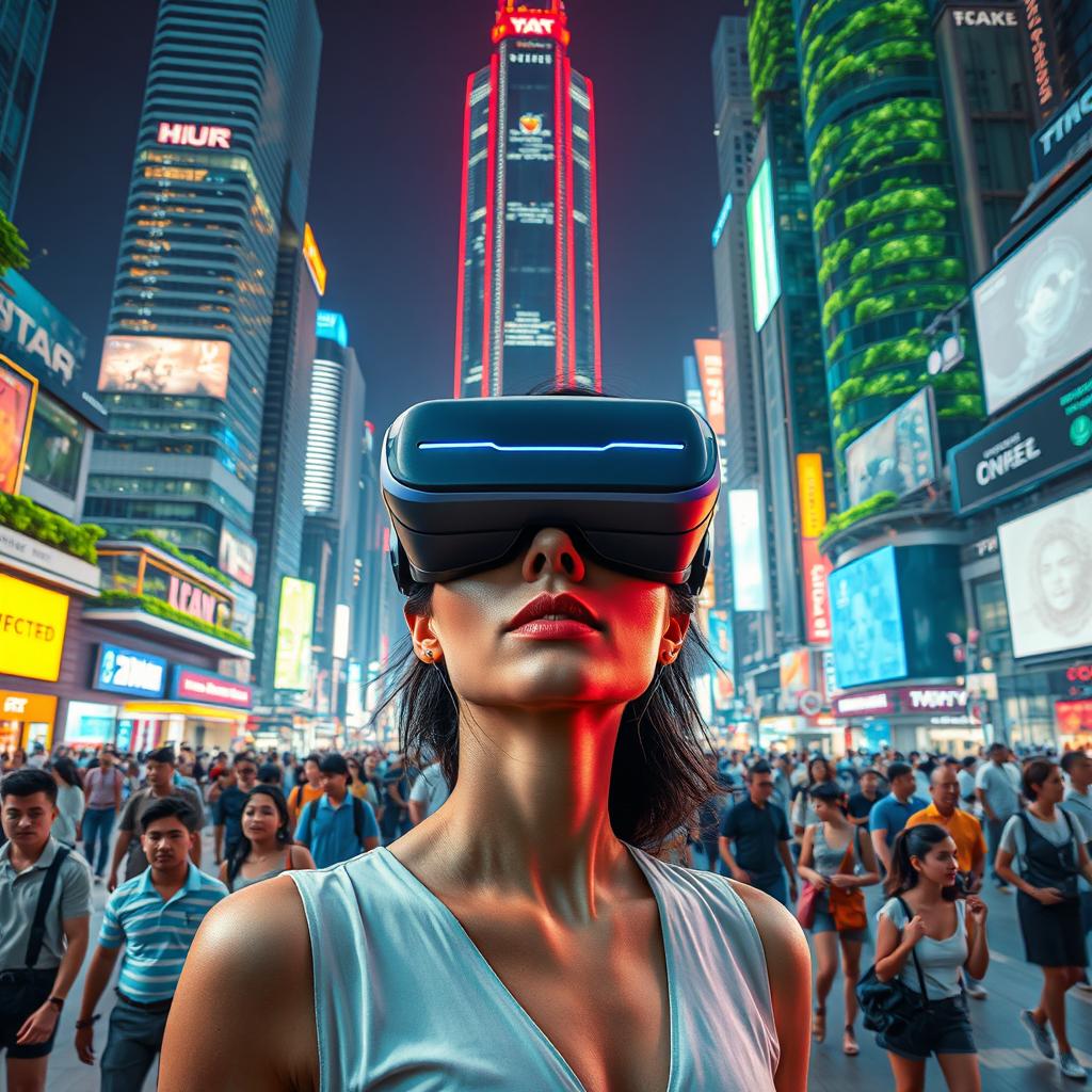 A vibrant futuristic cityscape, bustling with diverse people walking around under glowing neon lights