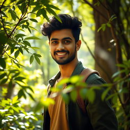 A stunning portrait of Tejash, a confident man with striking features, standing amidst a lush, enchanted forest