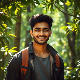A stunning portrait of Tejash, a confident man with striking features, standing amidst a lush, enchanted forest