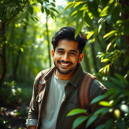 A stunning portrait of Tejash, a confident man with striking features, standing amidst a lush, enchanted forest