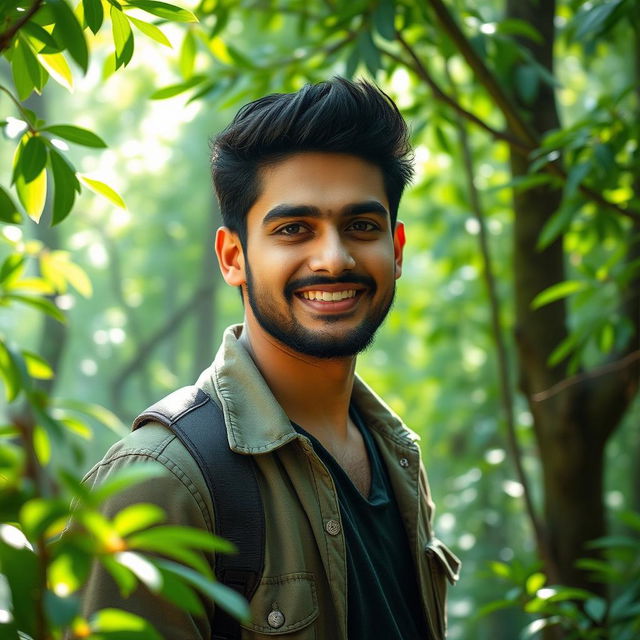 A stunning portrait of Tejash, a confident man with striking features, standing amidst a lush, enchanted forest