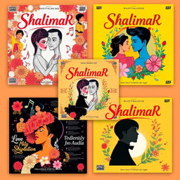 A collection of album cover designs for a music compilation titled 'Shalimar SS', featuring vibrant and artistic representations
