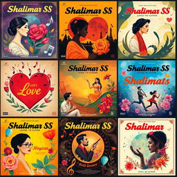 A collection of album cover designs for a music compilation titled 'Shalimar SS', featuring vibrant and artistic representations