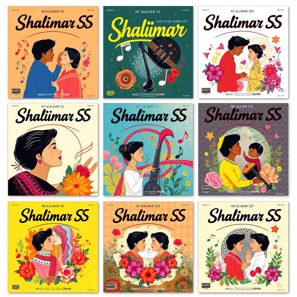 A collection of album cover designs for a music compilation titled 'Shalimar SS', featuring vibrant and artistic representations