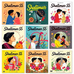 A collection of album cover designs for a music compilation titled 'Shalimar SS', featuring vibrant and artistic representations