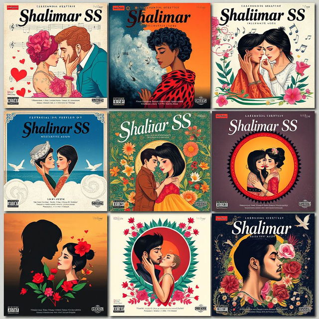 A collection of album cover designs for a music compilation titled 'Shalimar SS', featuring vibrant and artistic representations