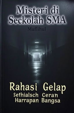 A dark and long school corridor with dim lighting at the end, shadows faintly visible on the walls
