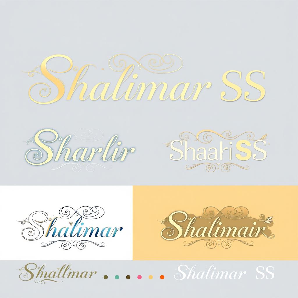 A series of artistic logo and design concepts for 'Shalimar SS', showcasing creative interpretations of the name