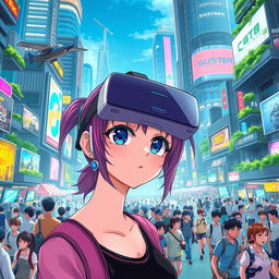 A vibrant futuristic cityscape filled with diverse people, bustling with activity under bright neon lights