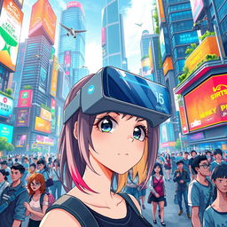 A vibrant futuristic cityscape filled with diverse people, bustling with activity under bright neon lights