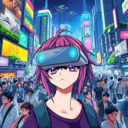 A vibrant futuristic cityscape filled with diverse people, bustling with activity under bright neon lights