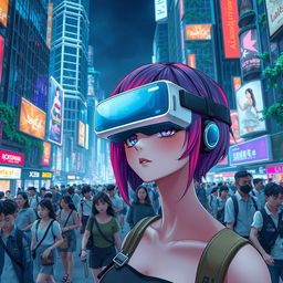 A bustling futuristic cityscape teeming with diverse individuals going about their day, illuminated by bright neon lights
