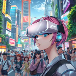 A bustling futuristic cityscape teeming with diverse individuals going about their day, illuminated by bright neon lights