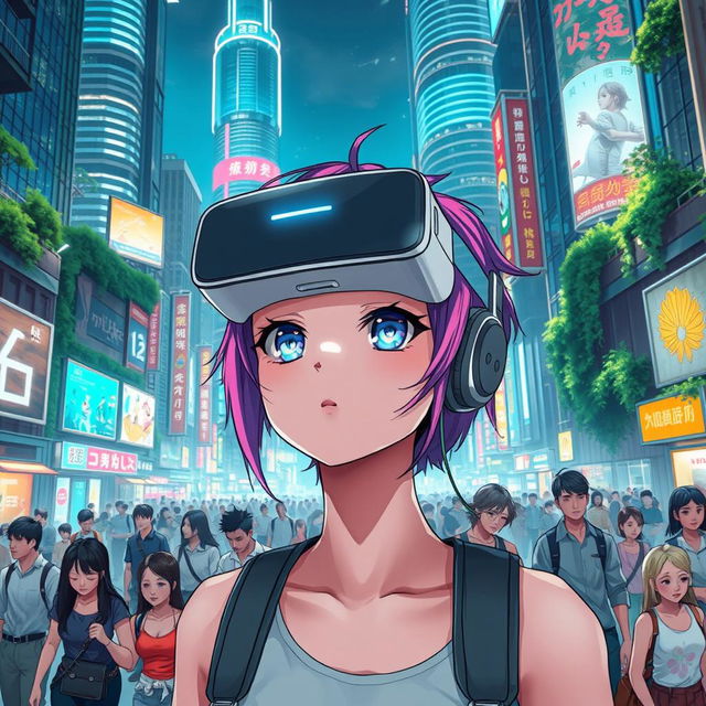 A bustling futuristic cityscape teeming with diverse individuals going about their day, illuminated by bright neon lights