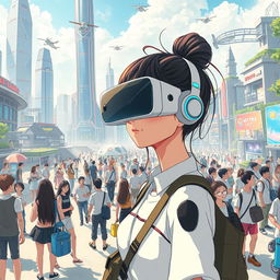 A vibrant futuristic cityscape filled with diverse people interacting and exploring