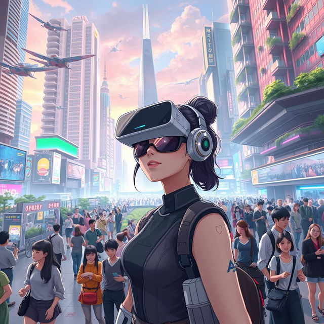 A vibrant futuristic cityscape filled with diverse people interacting and exploring