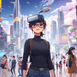 A vibrant futuristic cityscape filled with diverse people interacting and exploring